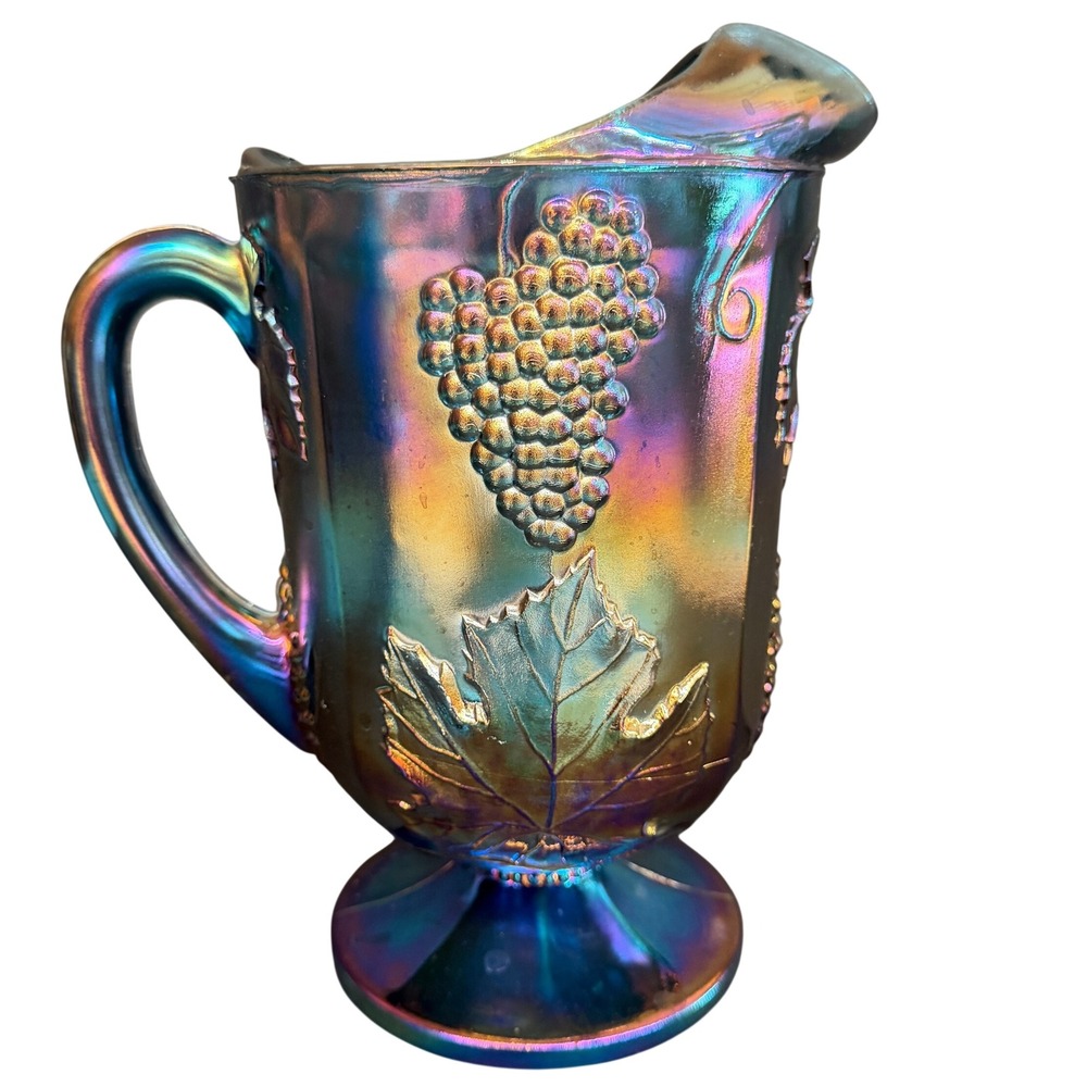 Indiana Glass Iridescent Blue Carnival Glass Pitcher‎ Harvest Grape Vintage 70s